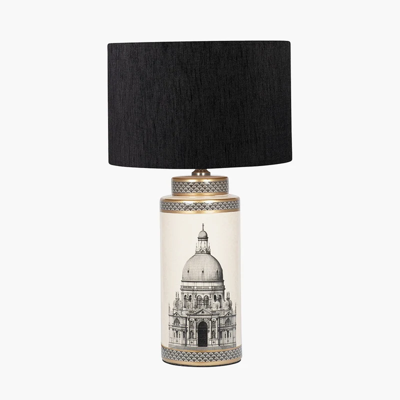 Wren Black and Cream Building Print Tall Ceramic Table Lamp Base with Stellan 40cm Black Slubbed Silk Mix Gold Lined Cylinder Lampshade