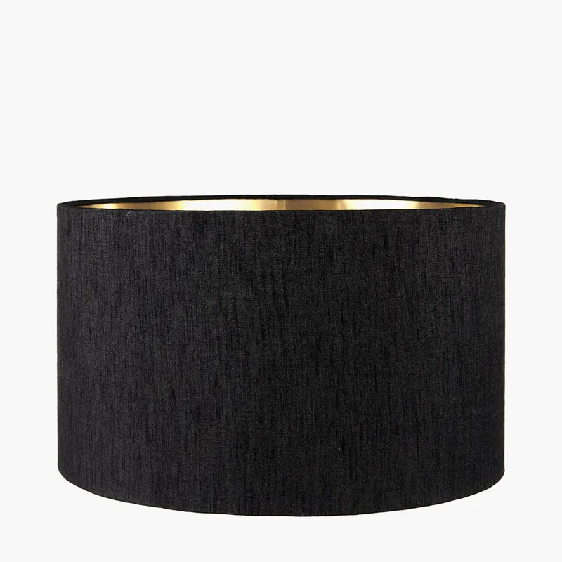 Wren Black and Cream Building Print Tall Ceramic Table Lamp Base with Stellan 40cm Black Slubbed Silk Mix Gold Lined Cylinder Lampshade