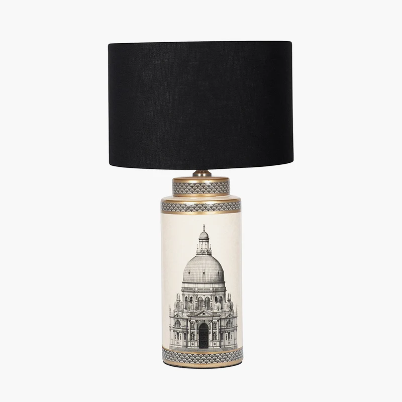 Wren Black and Cream Building Print Tall Ceramic Table Lamp Base with Lino 40cm Black Self Lined Linen Cylinder Lampshade