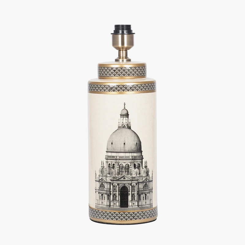 Wren Black and Cream Building Print Tall Ceramic Table Lamp Base with Lino 40cm Black Self Lined Linen Cylinder Lampshade