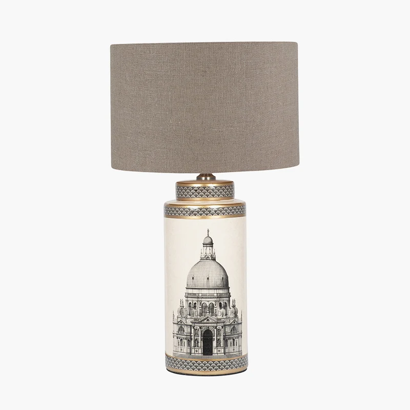Wren Black and Cream Building Print Tall Ceramic Table Lamp Base with Edward 40cm Natural Linen Cylinder Lampshade