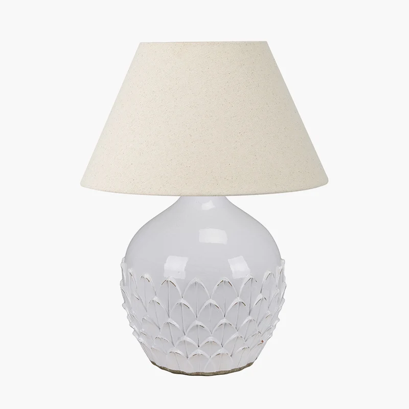 Willow White Leaf Detail Stoneware Table Lamp Base with Seychelles 40cm Cream Slubby Cotton Empire Lampshade