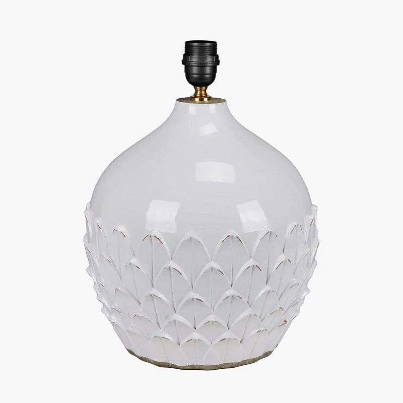 Willow White Leaf Detail Stoneware Table Lamp Base with Milos 40cm Natural Linen Tapered Lampshade