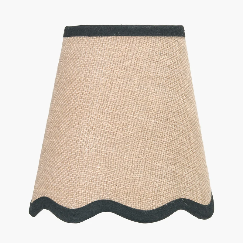 Tabitha 14cm Cream Jute Scalloped Edge Tapered Candle Clip Lampshade with Black Binding