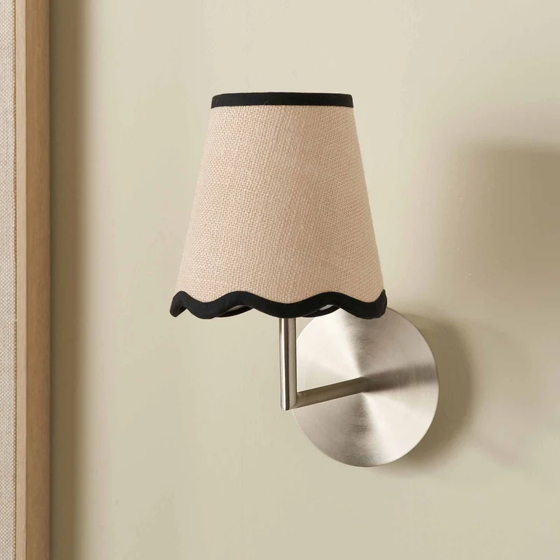 Tabitha 14cm Cream Jute Scalloped Edge Tapered Candle Clip Lampshade with Black Binding