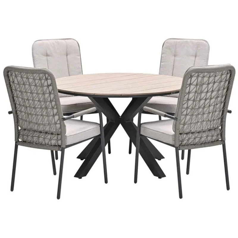 Venice tuinset 5-delig taupe met Edison tuintafel rond 122 cm light teak vironwood