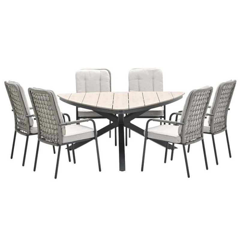 Venice tuinset 7-delig taupe met Edison tuintafel driehoek 170 cm light teak vironwood
