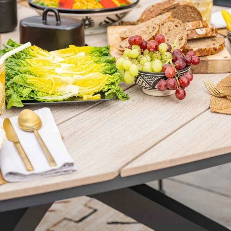 Venice tuinset 7-delig taupe met Edison tuintafel driehoek 170 cm light teak vironwood