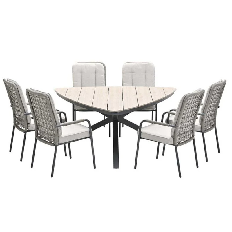 Venice tuinset 7-delig taupe met Edison tuintafel driehoek 170 cm light teak vironwood