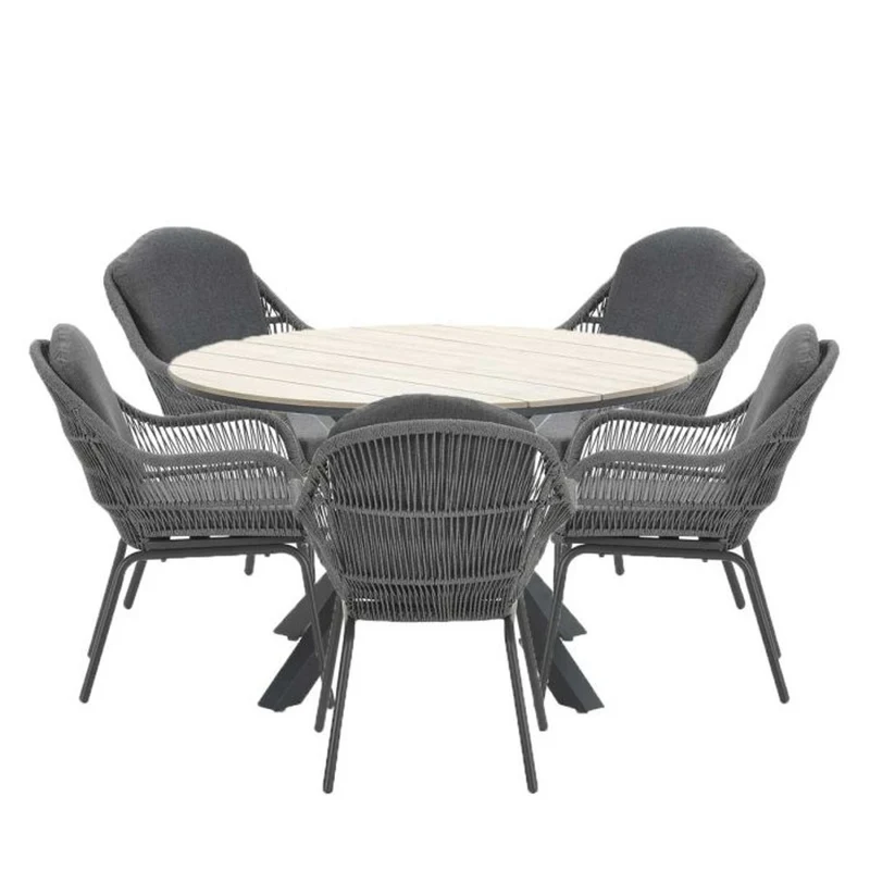 Triton tuinset 6-delig licht grijs met Edison tuintafel rond 148 cm bruin vironwood