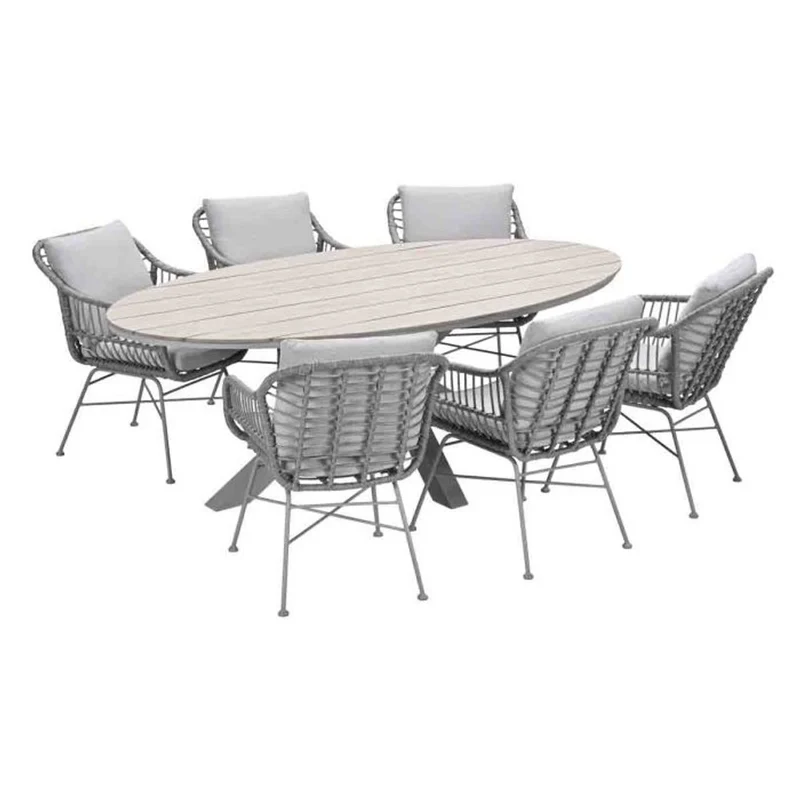 Margriet tuinset 7-delig valley sand met Edison tuintafel ovaal 220x115 cm light teak vironwood