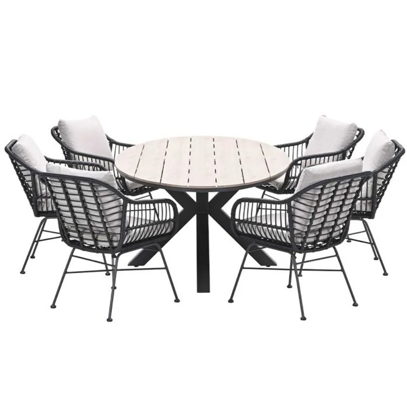 Margriet tuinset 7-delig bruin met Edison tuintafel ovaal 220x115 cm light teak vironwood