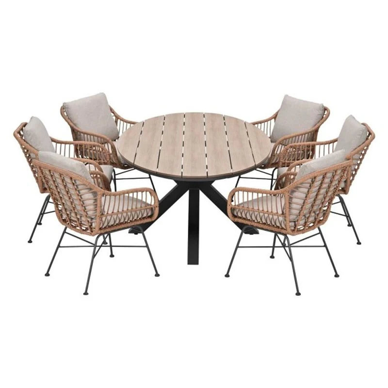 Margriet tuinset 7-delig bruin met Edison tuintafel ovaal 220x115 cm light teak vironwood