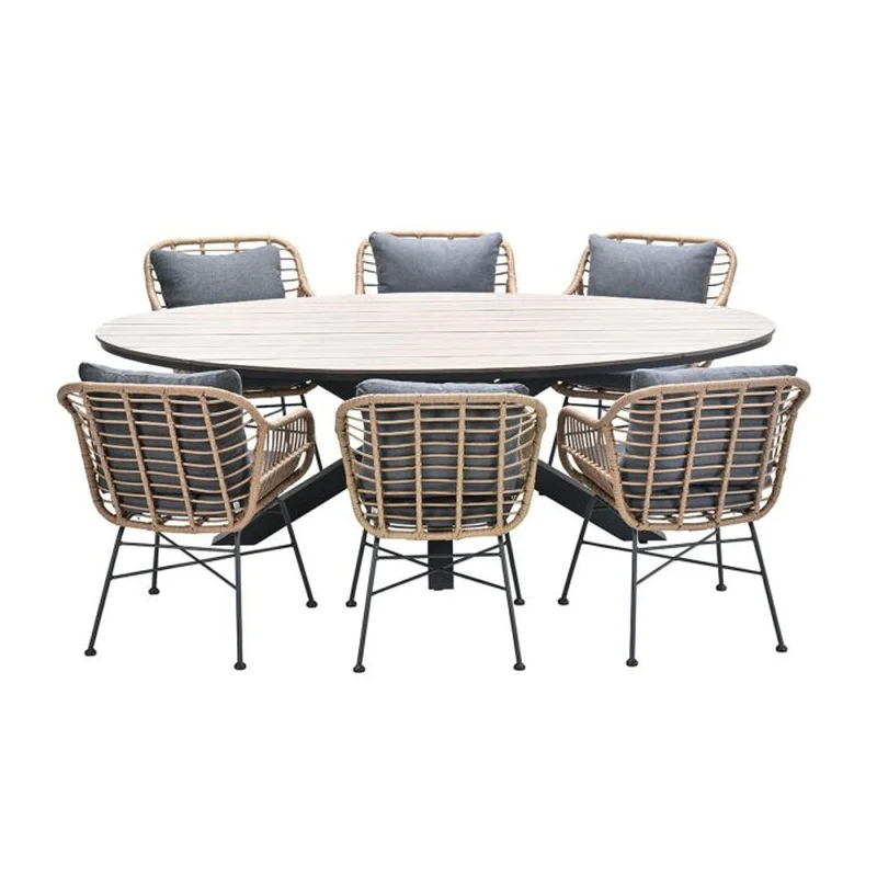 Margriet tuinset 7-delig bruin met Edison tuintafel ovaal 220x115 cm light teak vironwood