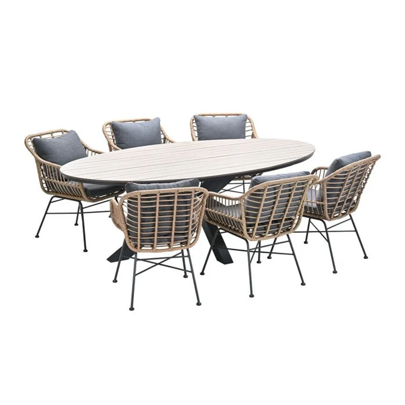 Margriet tuinset 7-delig bruin met Edison tuintafel ovaal 220x115 cm light teak vironwood