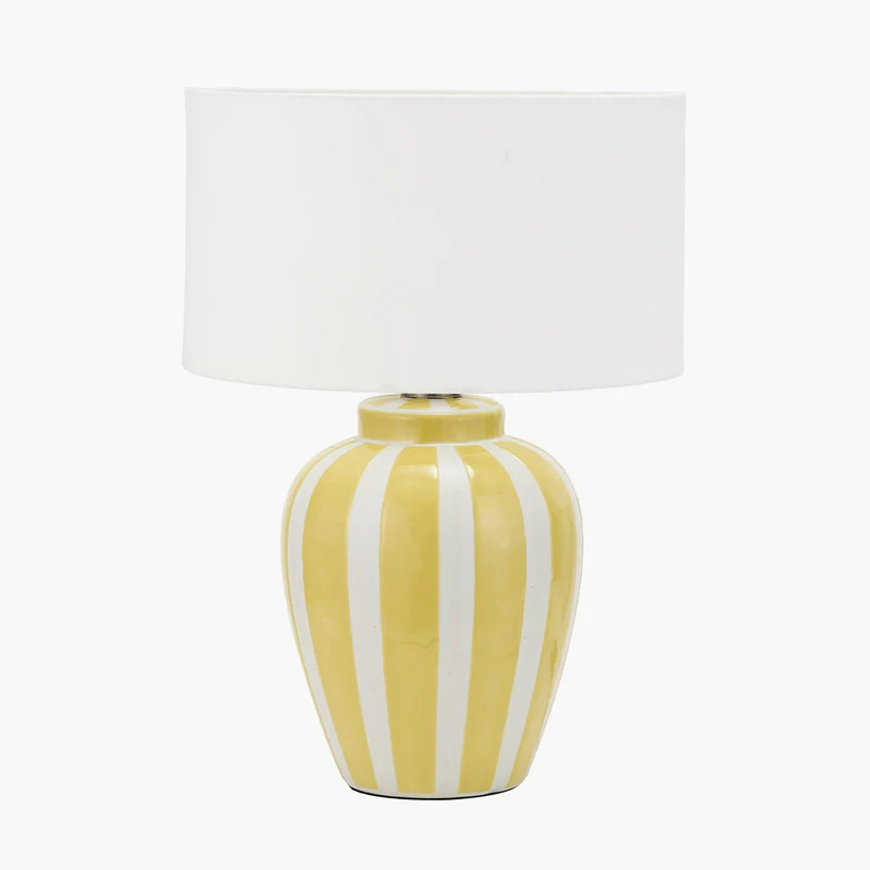 Priscilla Yellow Striped Ceramic Table Lamp Base with Henry 30cm White Handloom Cylinder Lampshade