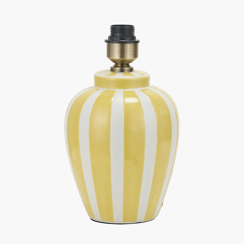 Priscilla Yellow Striped Ceramic Table Lamp Base with Henry 30cm White Handloom Cylinder Lampshade