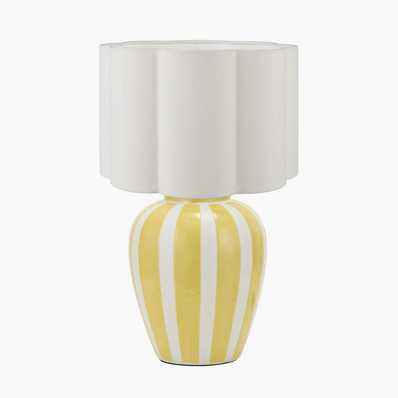 Priscilla Yellow Striped Ceramic Table Lamp Base with Bloom 30cm White Handloom Scalloped Cylinder Lampshade
