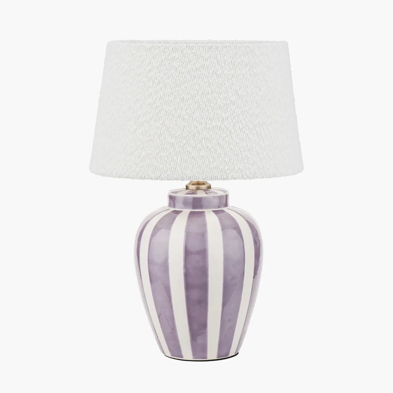Priscilla Lilac Stripped Ceramic Table Lamp Base with Martigues 35cm White Boucle Tapered Lampshade