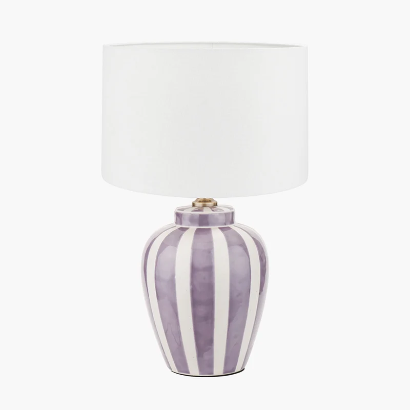 Priscilla Lilac Stripped Ceramic Table Lamp Base with Lino 30cm White Self Lined Linen Cylinder Lampshade