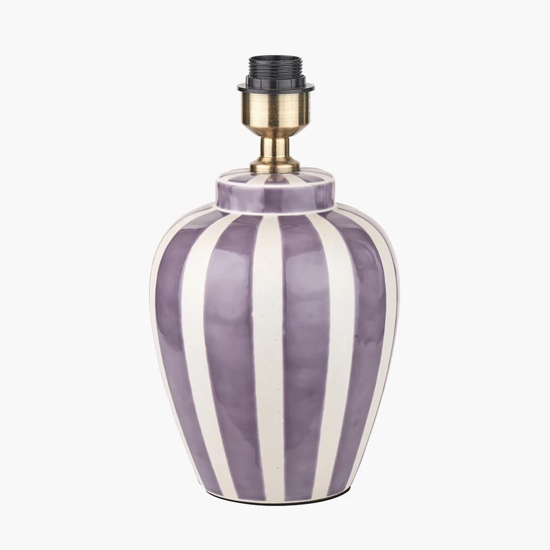 Priscilla Lilac Stripped Ceramic Table Lamp Base with Lino 30cm White Self Lined Linen Cylinder Lampshade