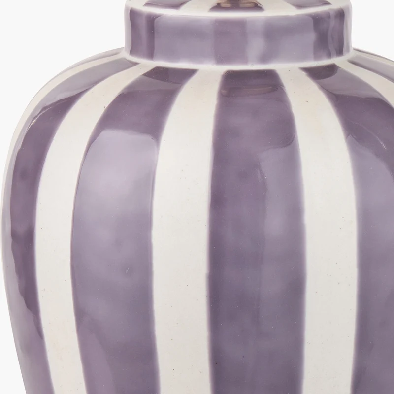 Priscilla Lilac Stripped Ceramic Table Lamp Base with Lino 30cm White Self Lined Linen Cylinder Lampshade