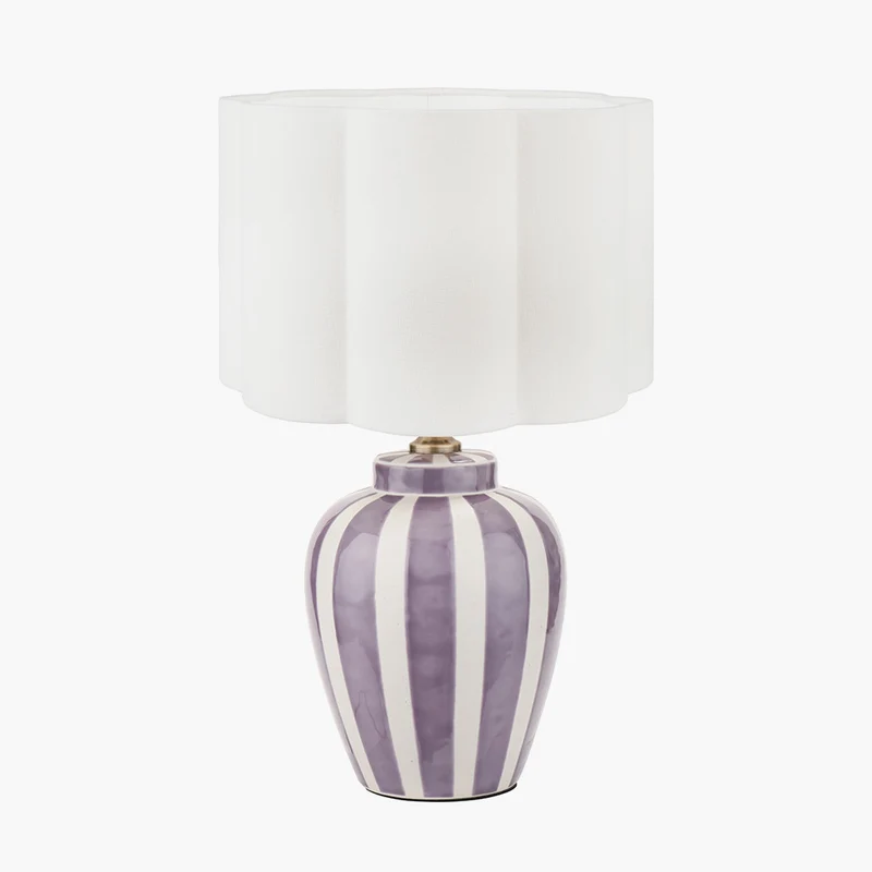Priscilla Lilac Stripped Ceramic Table Lamp Base with Bloom 35cm White Handloom Scalloped Cylinder Lampshade