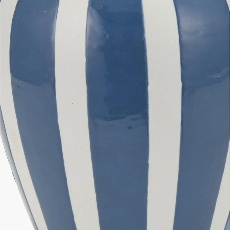 Priscilla Denim Blue Striped Ceramic Table Lamp Base with Posy 30cm White Handloom Scalloped Tapered Lampshade