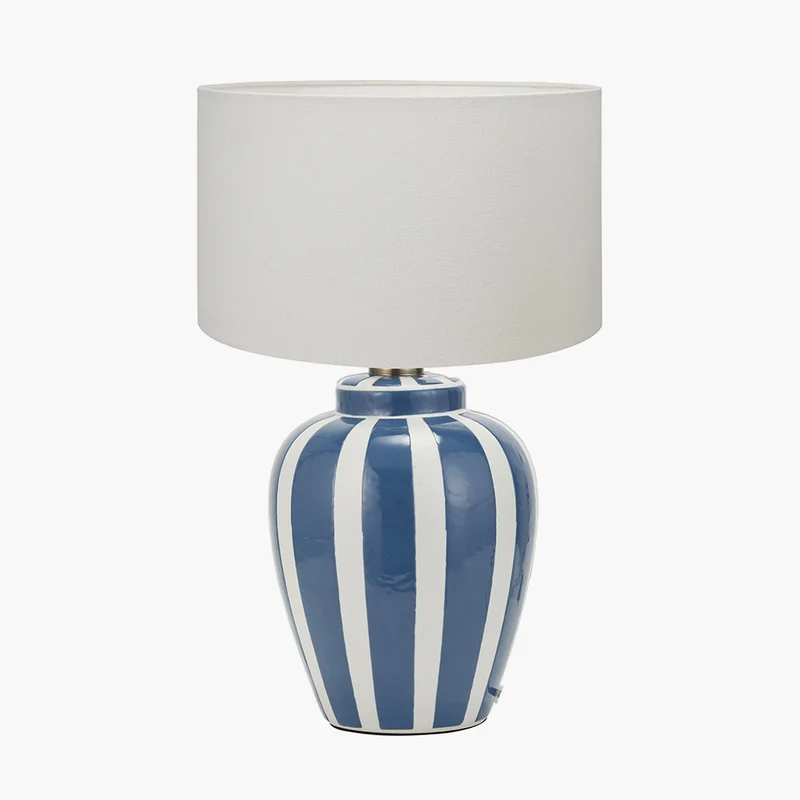 Priscilla Denim Blue Striped Ceramic Table Lamp Base with Henry 30cm White Handloom Cylinder Lampshade