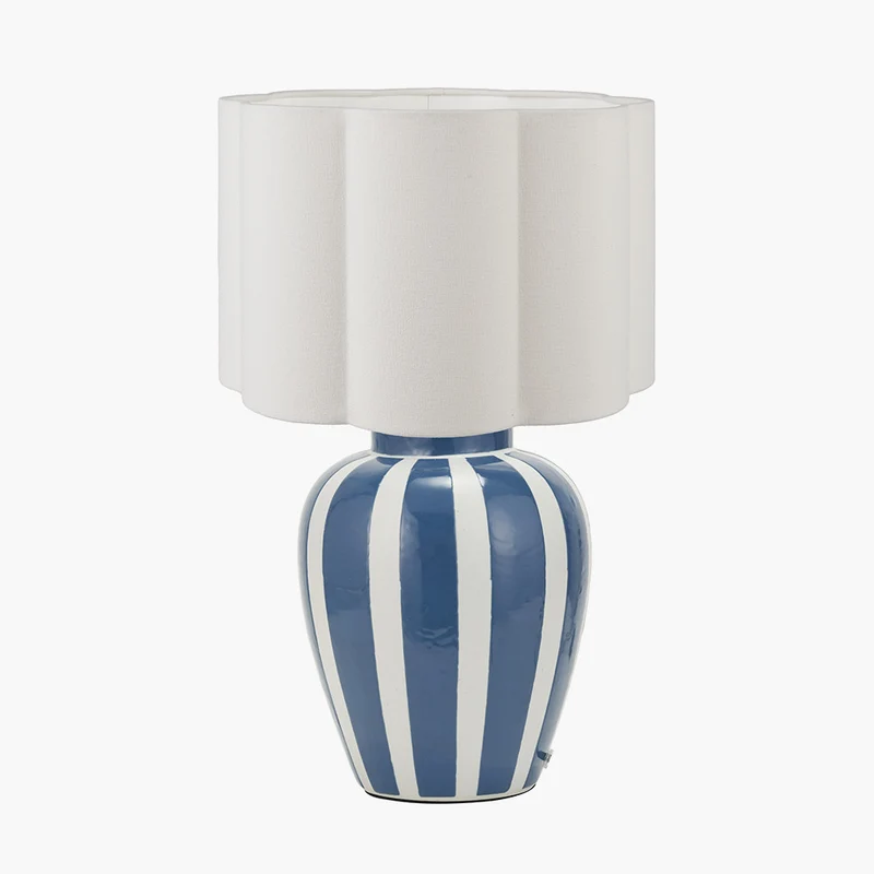 Priscilla Denim Blue Striped Ceramic Table Lamp Base with Bloom 30cm White Handloom Scalloped Cylinder Lampshade