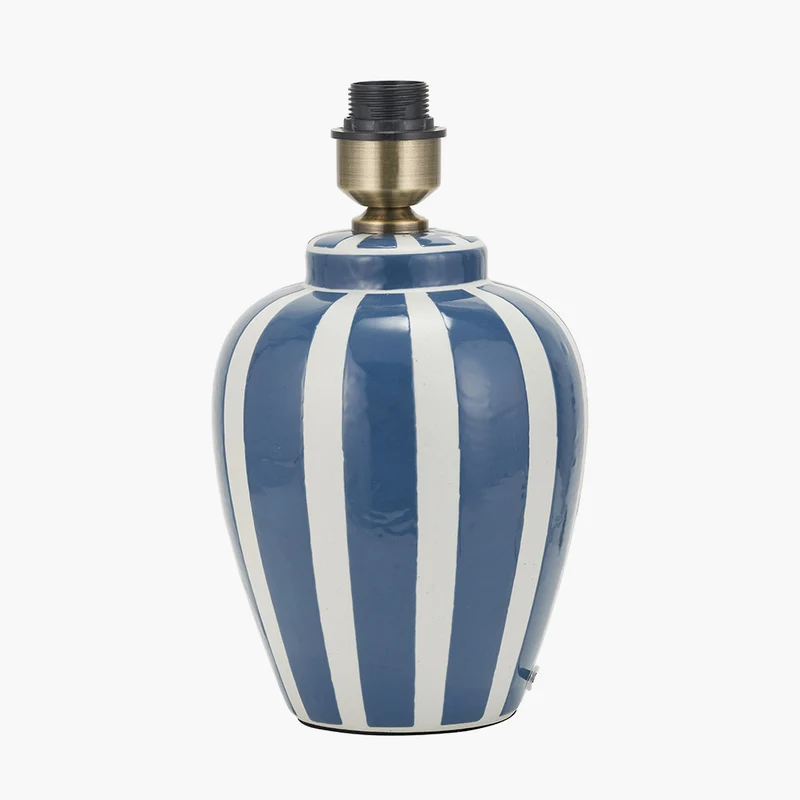 Priscilla Denim Blue Striped Ceramic Table Lamp Base with Bloom 30cm White Handloom Scalloped Cylinder Lampshade