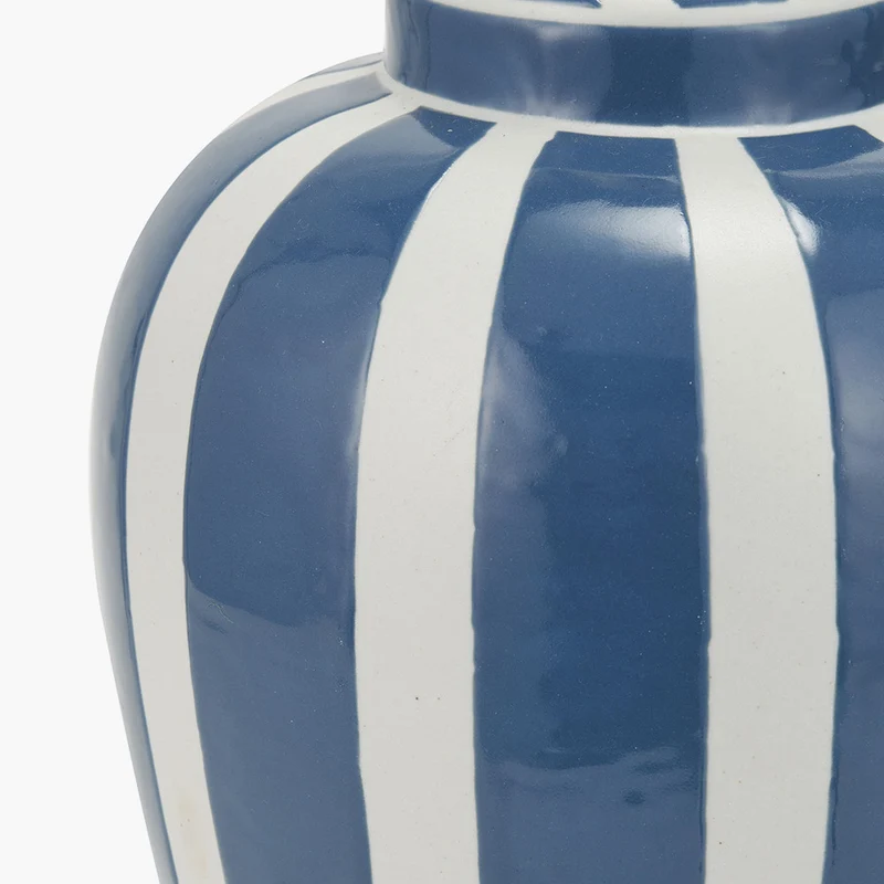 Priscilla Denim Blue Striped Ceramic Table Lamp Base with Bloom 30cm White Handloom Scalloped Cylinder Lampshade