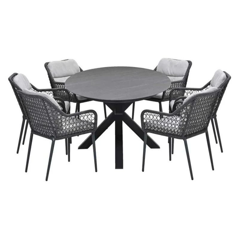 Toledo tuinset 7-delig carbon black rope taupe met Edison tuintafel ovaal 220x115 cm light teak vironwood