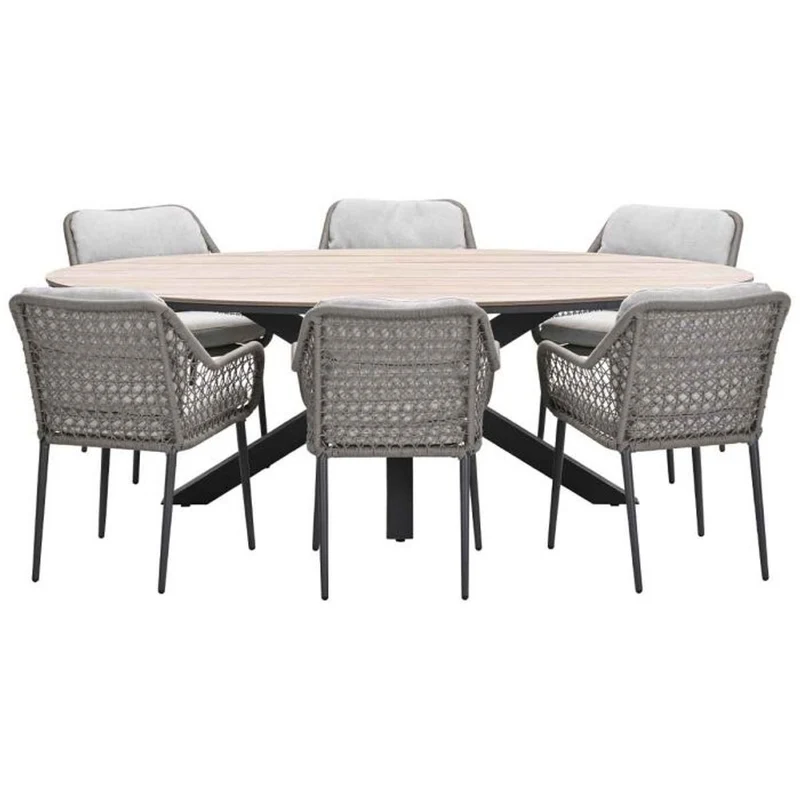 Toledo tuinset 7-delig carbon black rope taupe met Edison tuintafel ovaal 220x115 cm light teak vironwood