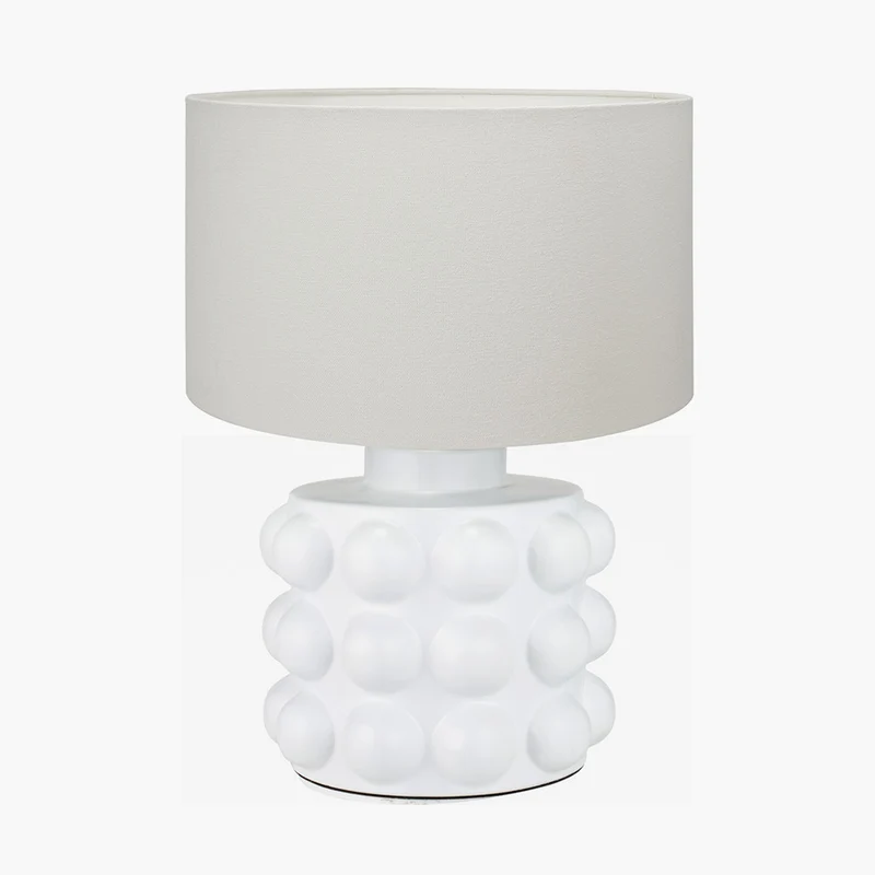 Serenity White Bobbled Ceramic Large Table Lamp Base with Henry 45cm White Handloom Cylinder Lampshade