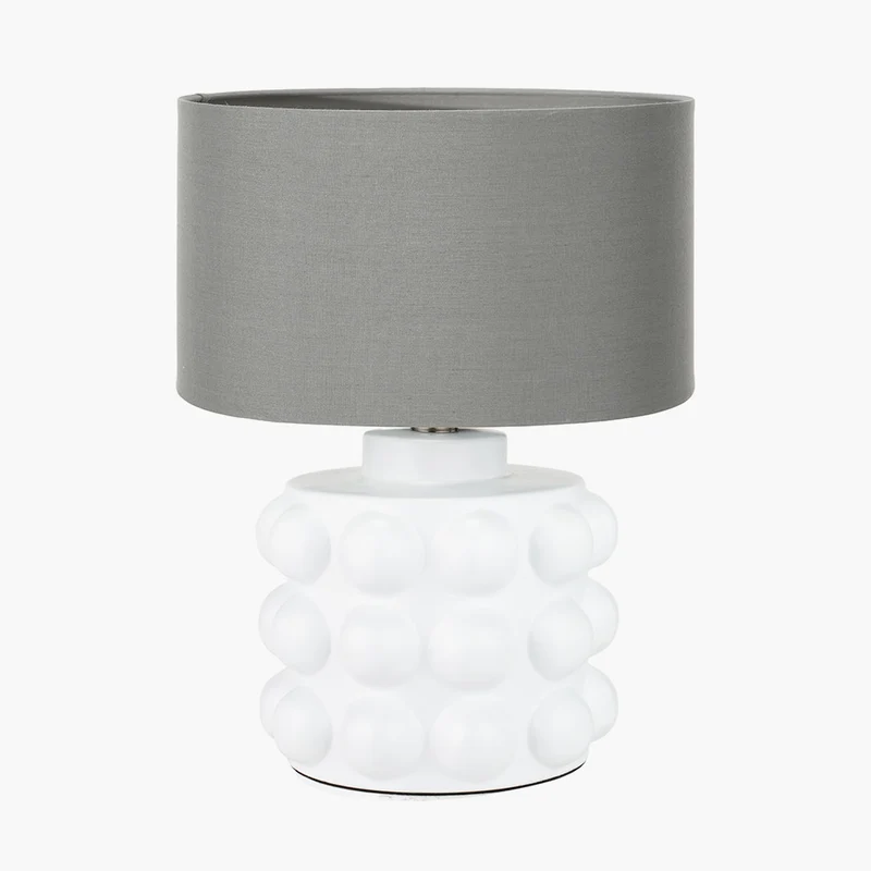 Serenity White Bobbled Ceramic Large Table Lamp Base with Harry 40cm Steel Grey Cotton Mix Cylinder Lampshade