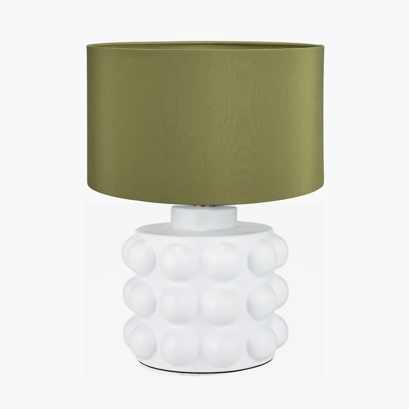 Serenity White Bobbled Ceramic Large Table Lamp Base with Harry 40cm Sage Cotton Mix Cylinder Lampshade