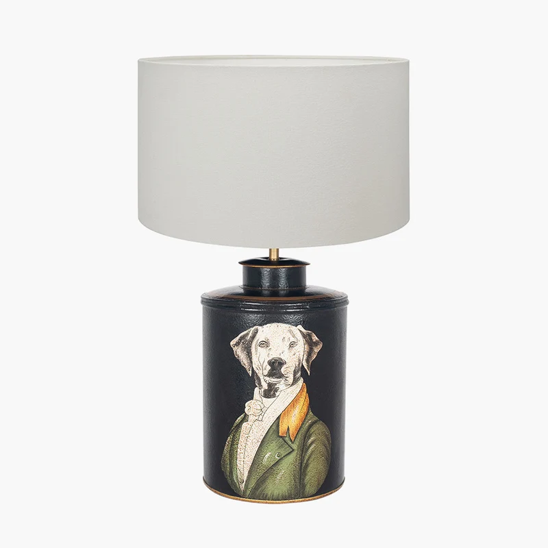Pointer Black Hand Painted Dog Table Lamp Base with Henry 40cm White Handloom Cylinder Lampshade