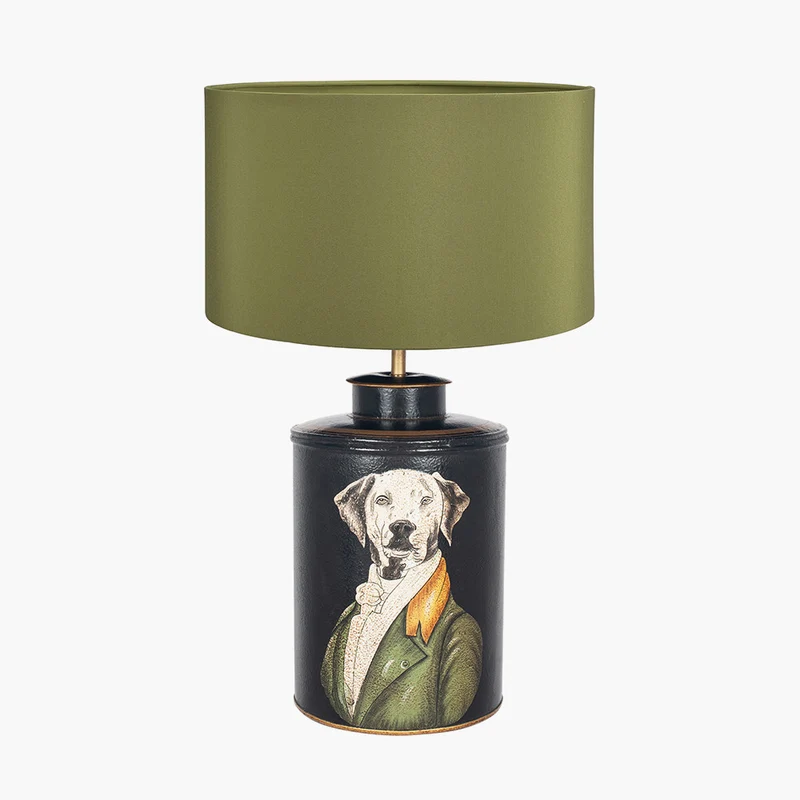 Pointer Black Hand Painted Dog Table Lamp Base with Harry 40cm Sage Cotton Mix Cylinder Lampshade