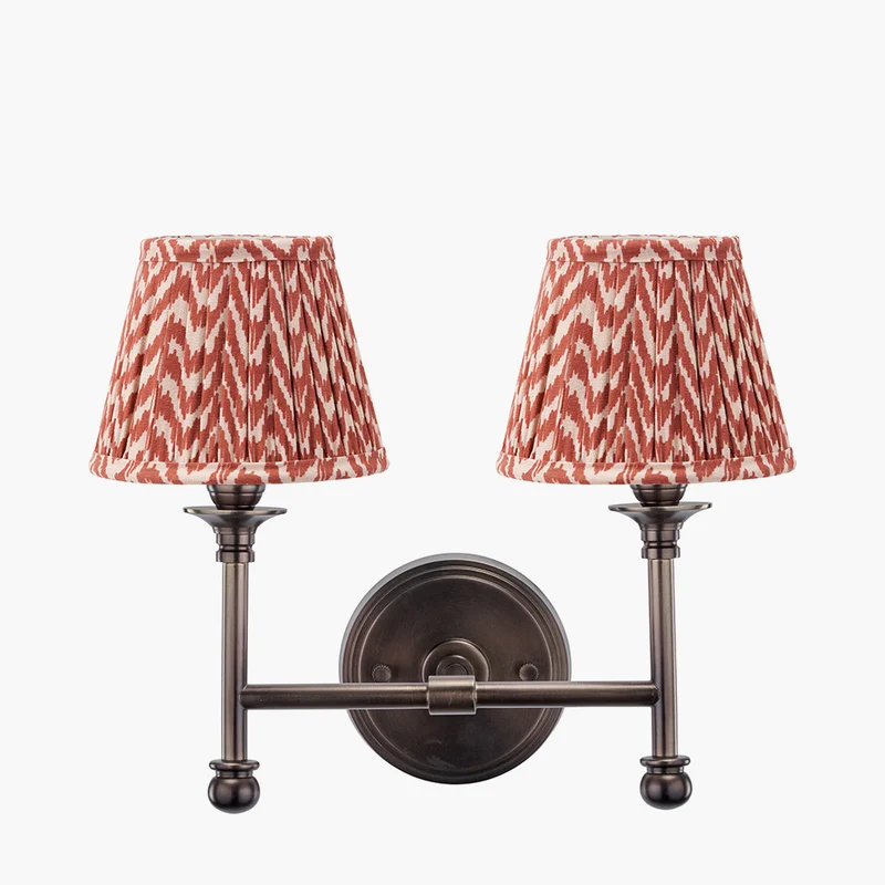 Piero Antique Bronze Metal Double Wall Light with Vienna 16cm Red Chevron Mushroom Pleat Lampshade