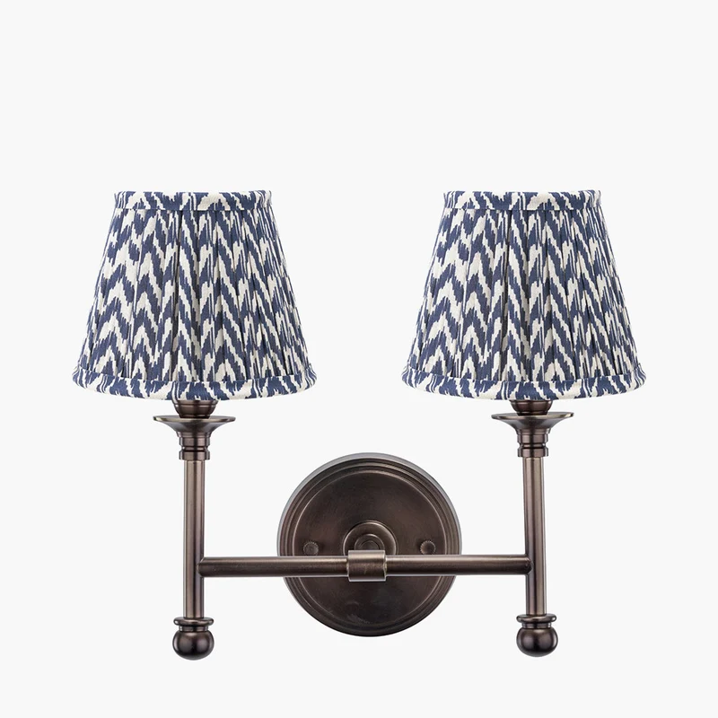 Piero Antique Bronze Metal Double Wall Light with Vienna 16cm Blue Chevron Mushroom Pleat Lampshade