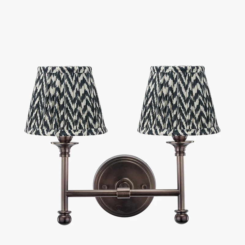 Piero Antique Bronze Metal Double Wall Light with Vienna 16cm Black Chevron Mushroom Pleat Lampshade