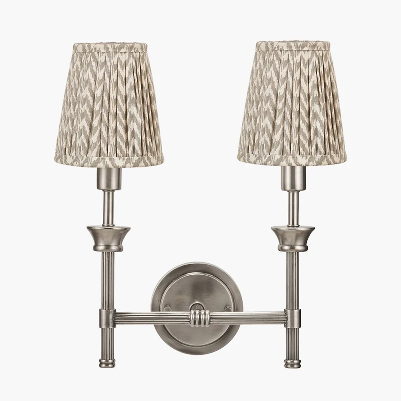 Salvatore Antique Silver Metal Double Wall Light with Vienna 14cm Taupe Chevron Tall Taper Mushroom Pleat Candle Clip Lampshade