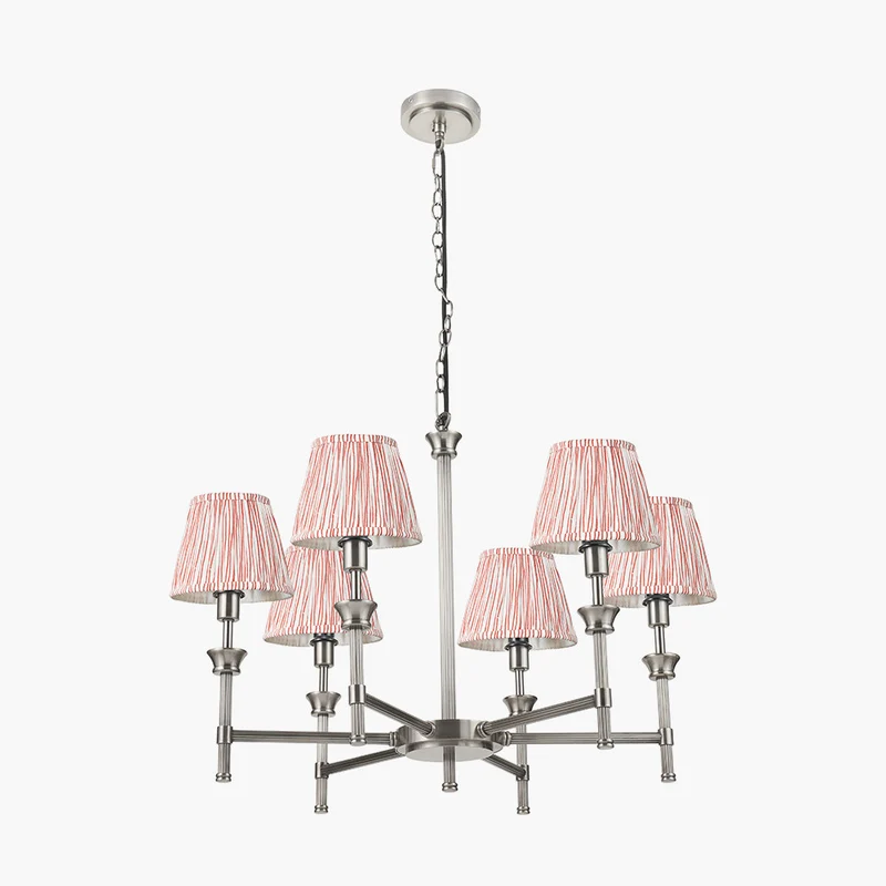 Salvatore Antique Silver Metal 6 Arm Pendant with Thiago 16cm Cinnamon Stripe Mushroom Pleat Tapered Lampshade
