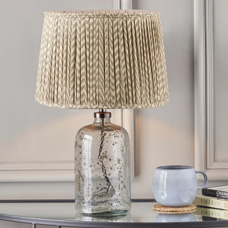 Ophelia Small Grey Bubble Glass Table Lamp Base with Vienna 35cm Taupe Chevron Mushroom Pleat Lampshade