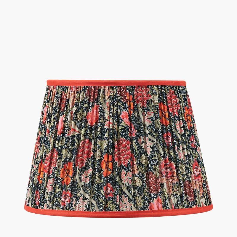 Piero Antique Bronze Metal Candlestick Table Lamp Base with Floressa 35cm Red Floral Patterned Mushroom Pleat Tapered Lamp Shade
