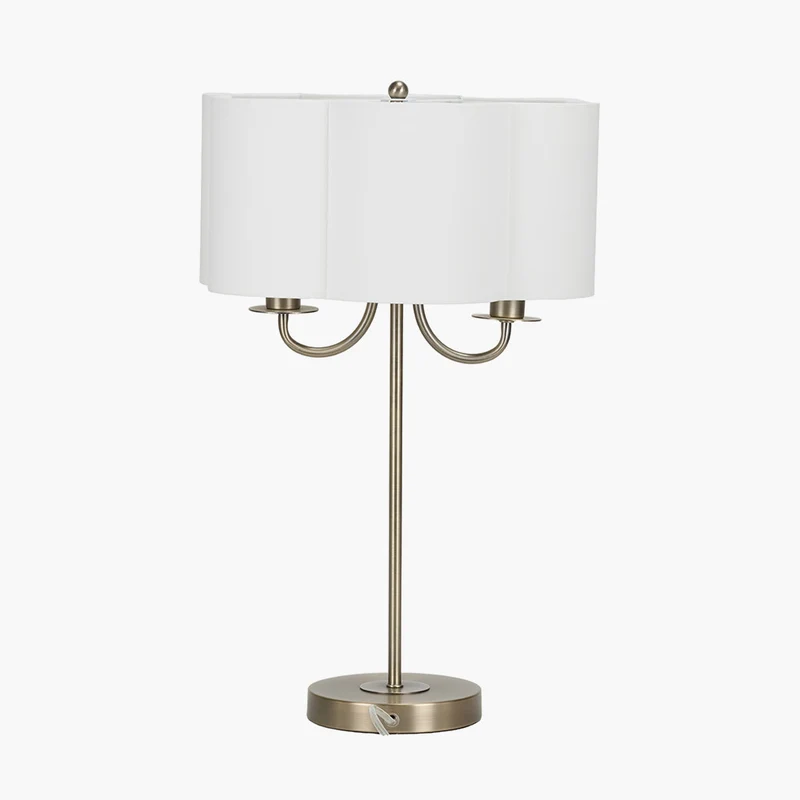Seraphine Matt Antique Brass Metal and White Cotton Mix Scallop Shaded Table Lamp