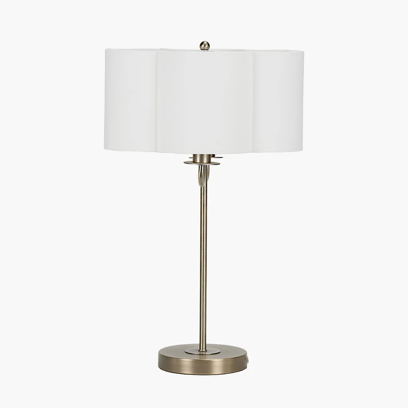 Seraphine Matt Antique Brass Metal and White Cotton Mix Scallop Shaded Table Lamp