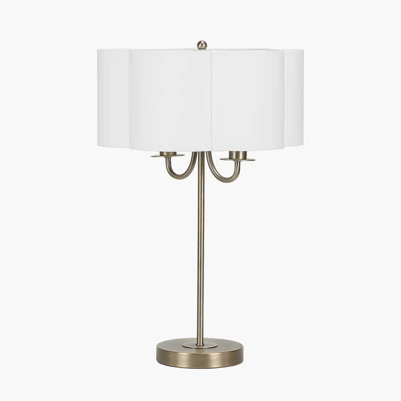 Seraphine Matt Antique Brass Metal and White Cotton Mix Scallop Shaded Table Lamp
