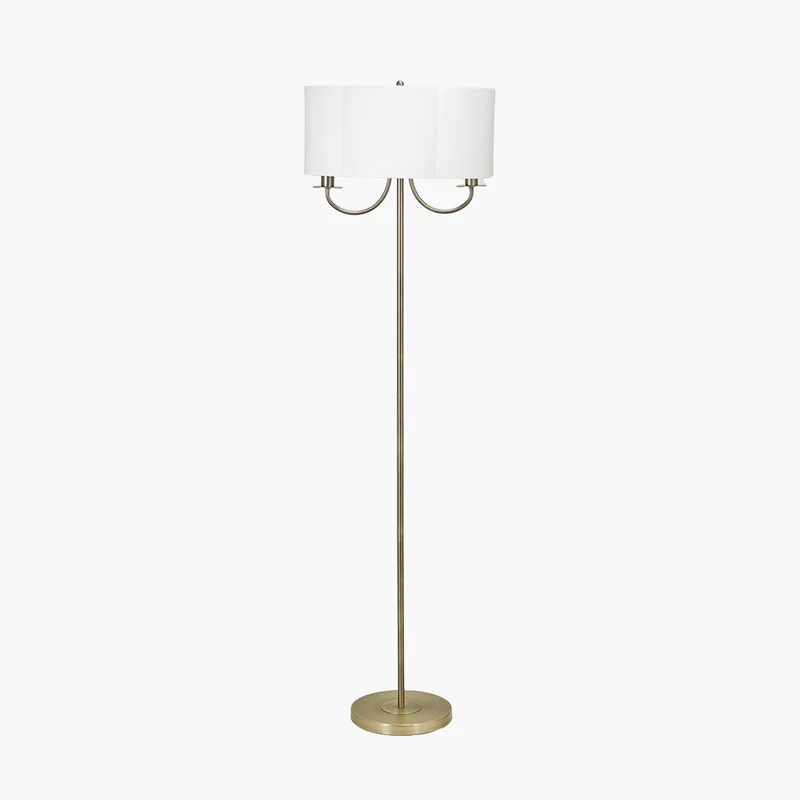 Seraphine Matt Antique Brass Metal and White Cotton Mix Scallop Shaded Floor Lamp